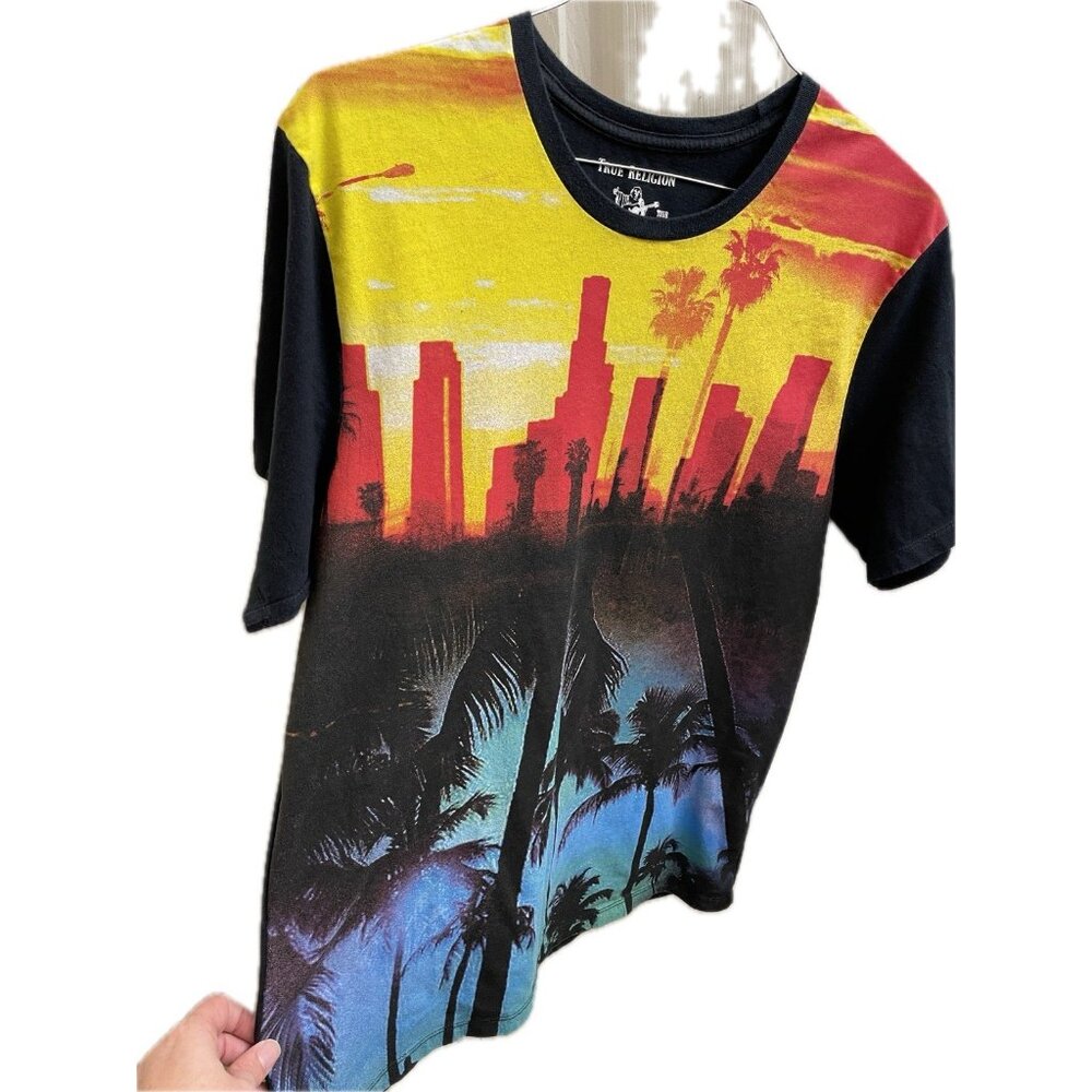 True Religion Shirt Mens Large Black Sunset City Allover Print Los Angeles Retro - Picture 2 of 9